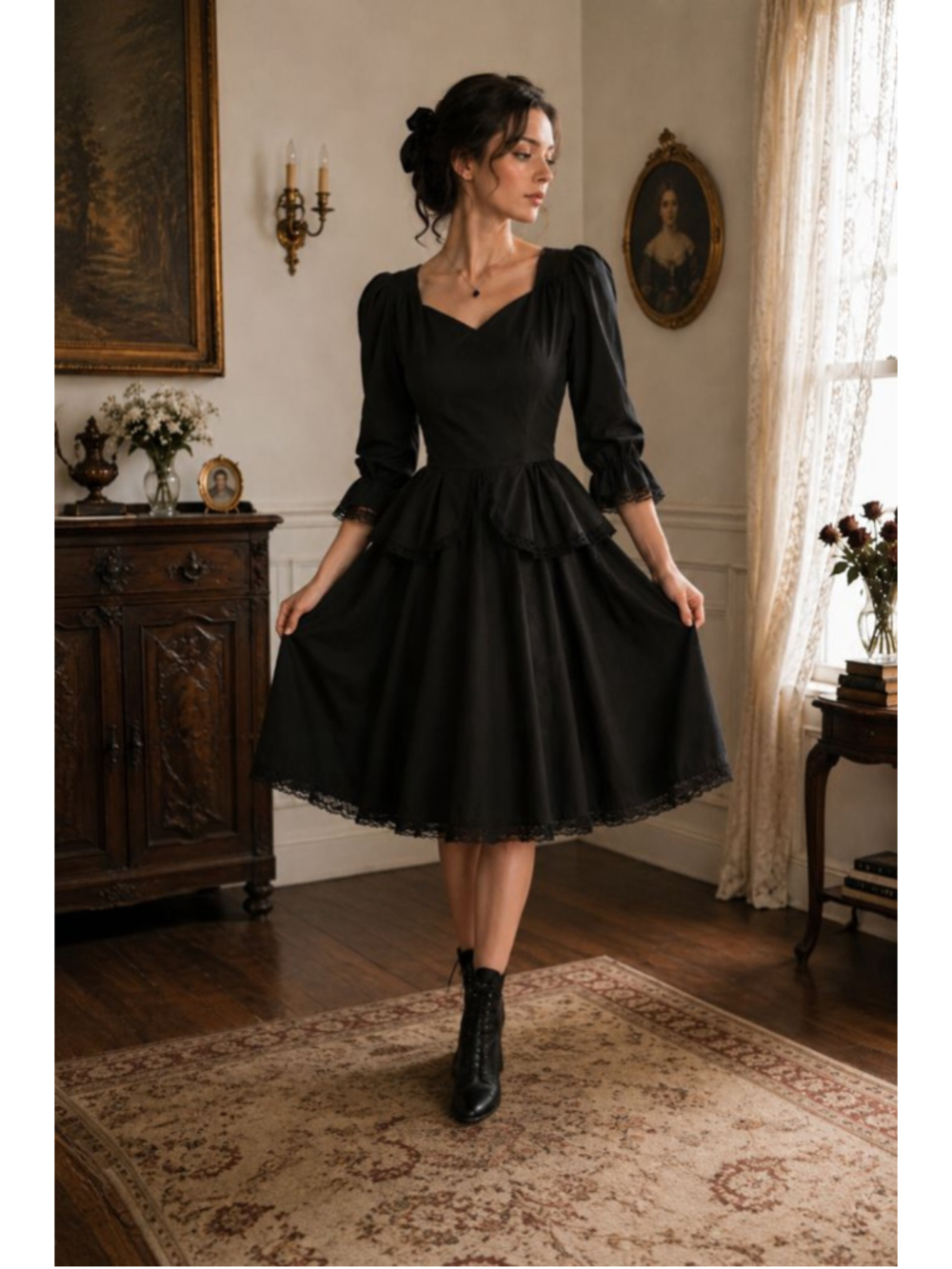 Vintage 80s Black Prairie Dress Puff Sleeve Lace Trim Dark Cottagecore Sz 10